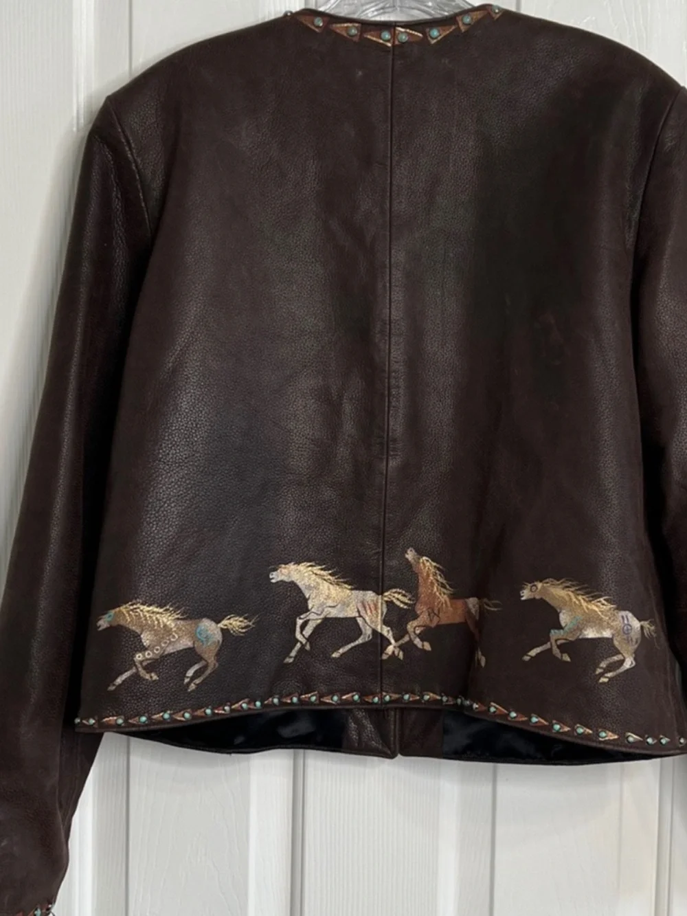 Patricia Wolf hand painted Indian ponies Leather Jacket Turquoise Studs L EUC - Picture 9 of 10